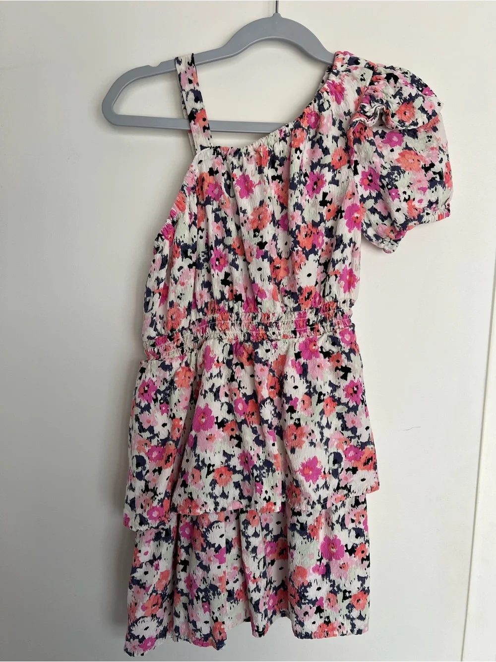 One-Shoulder Floral Tiered Dress in Pink, Coral, and Navy